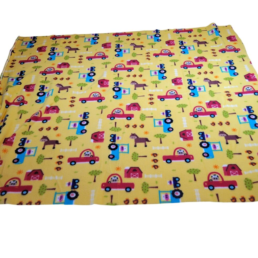 Fleece Fabric 36x43" Farm Trucks Barn Animals Tractors Yellow Sewing Piece
